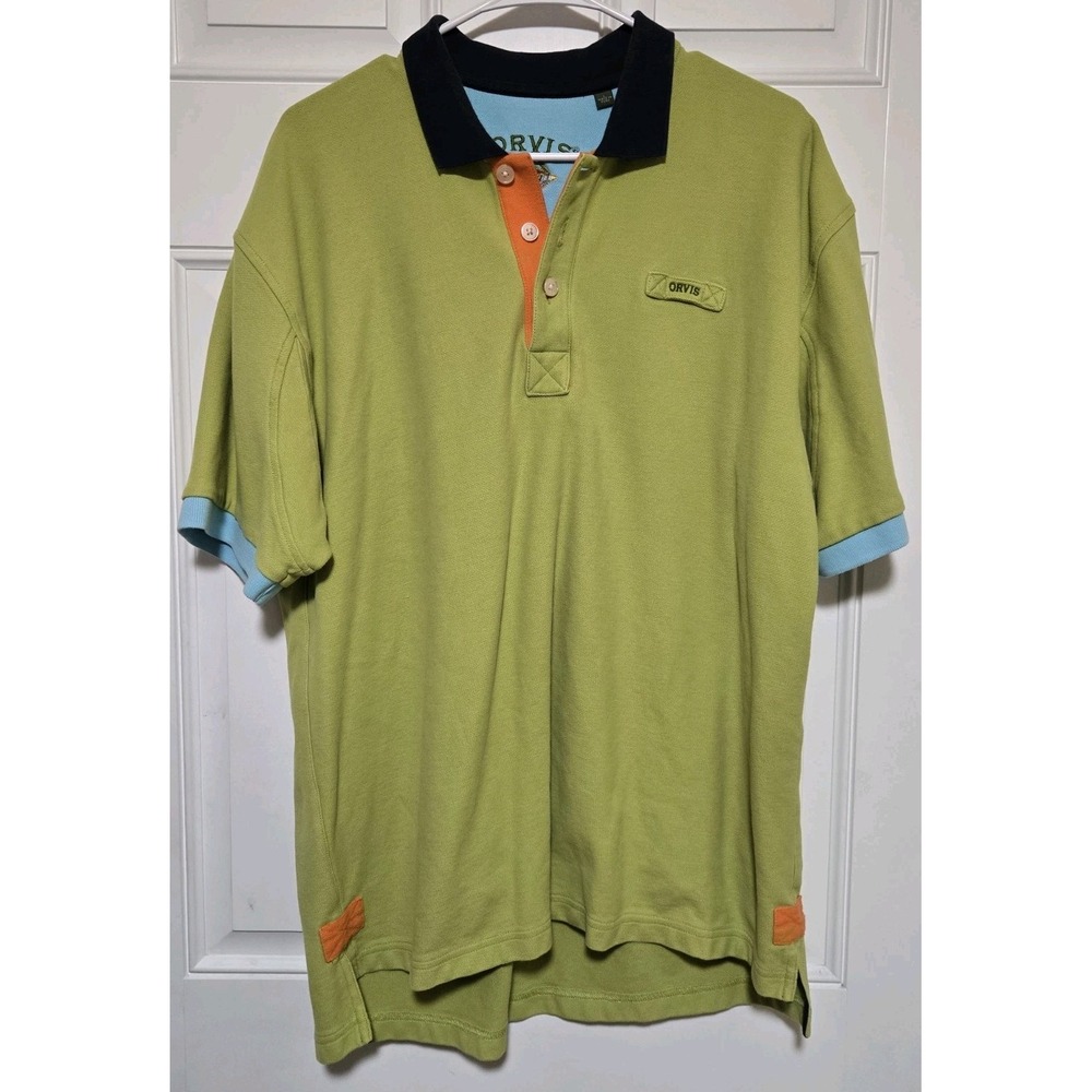 Orvis Polo‎ Shirt Men's Large Green / Orange / Blue Short Sleeve Heavy Cotton